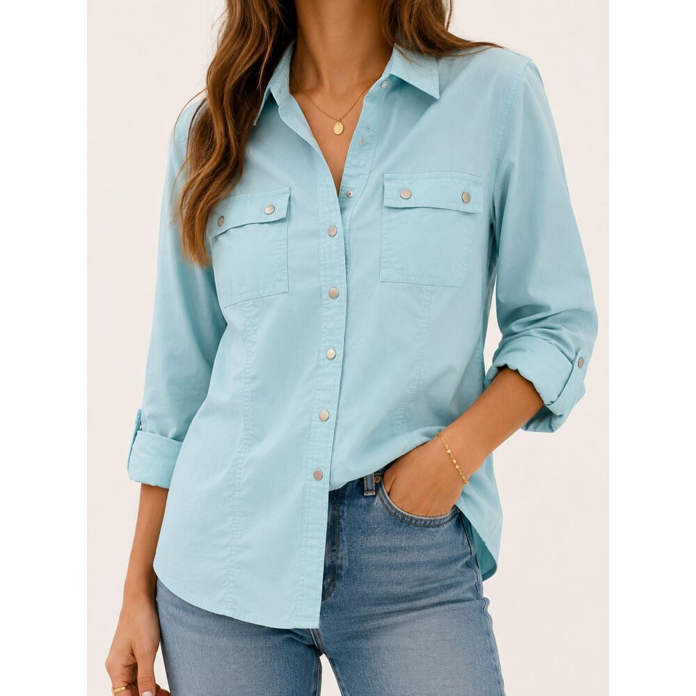 CJ Banks Aqua Pastel Blue Roll Tab Sleeve Stretch Utility Shirt Women's Size X